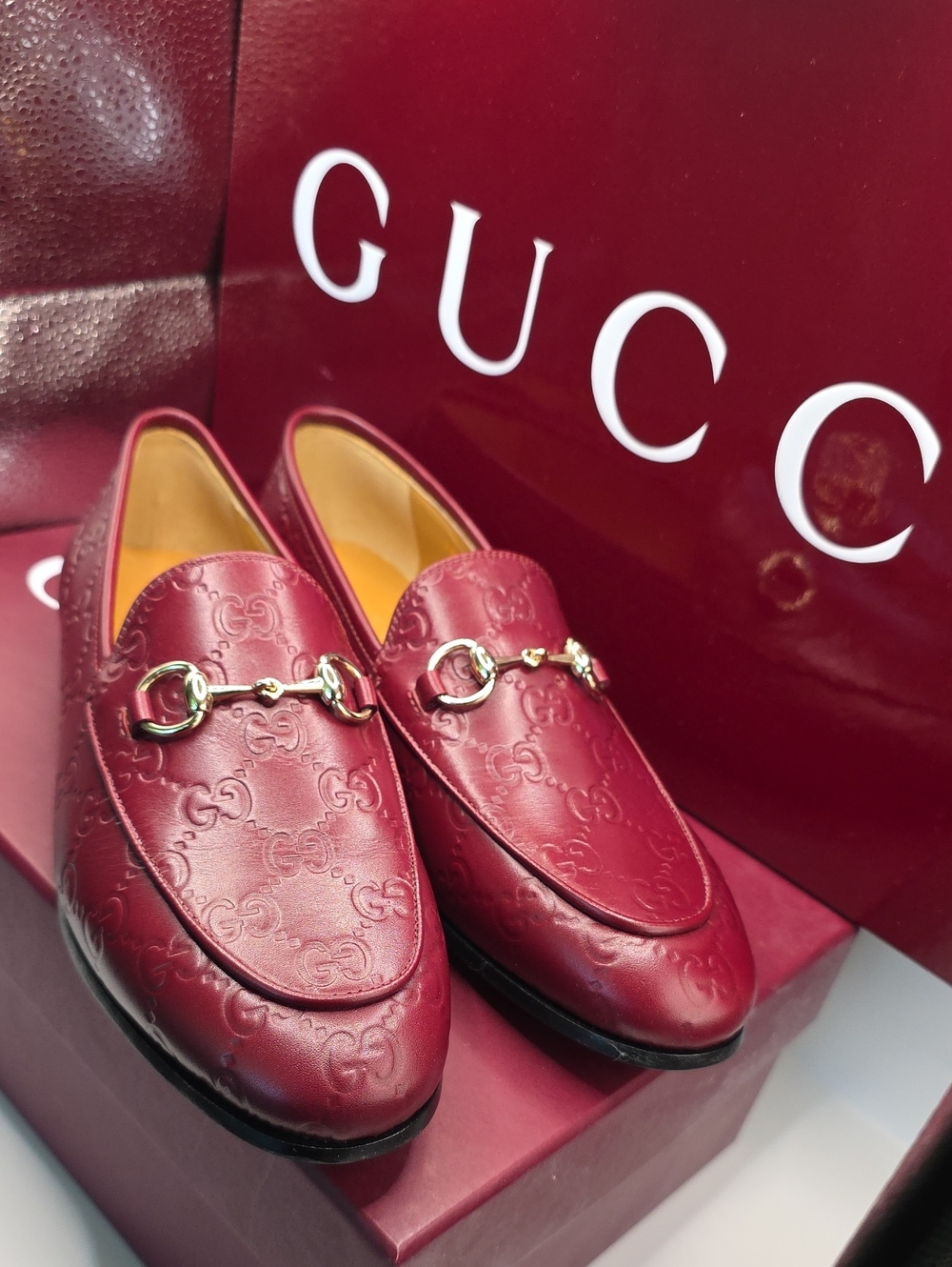 Gucci Women's Wine Red Embossed Leather Horsebit Loafers